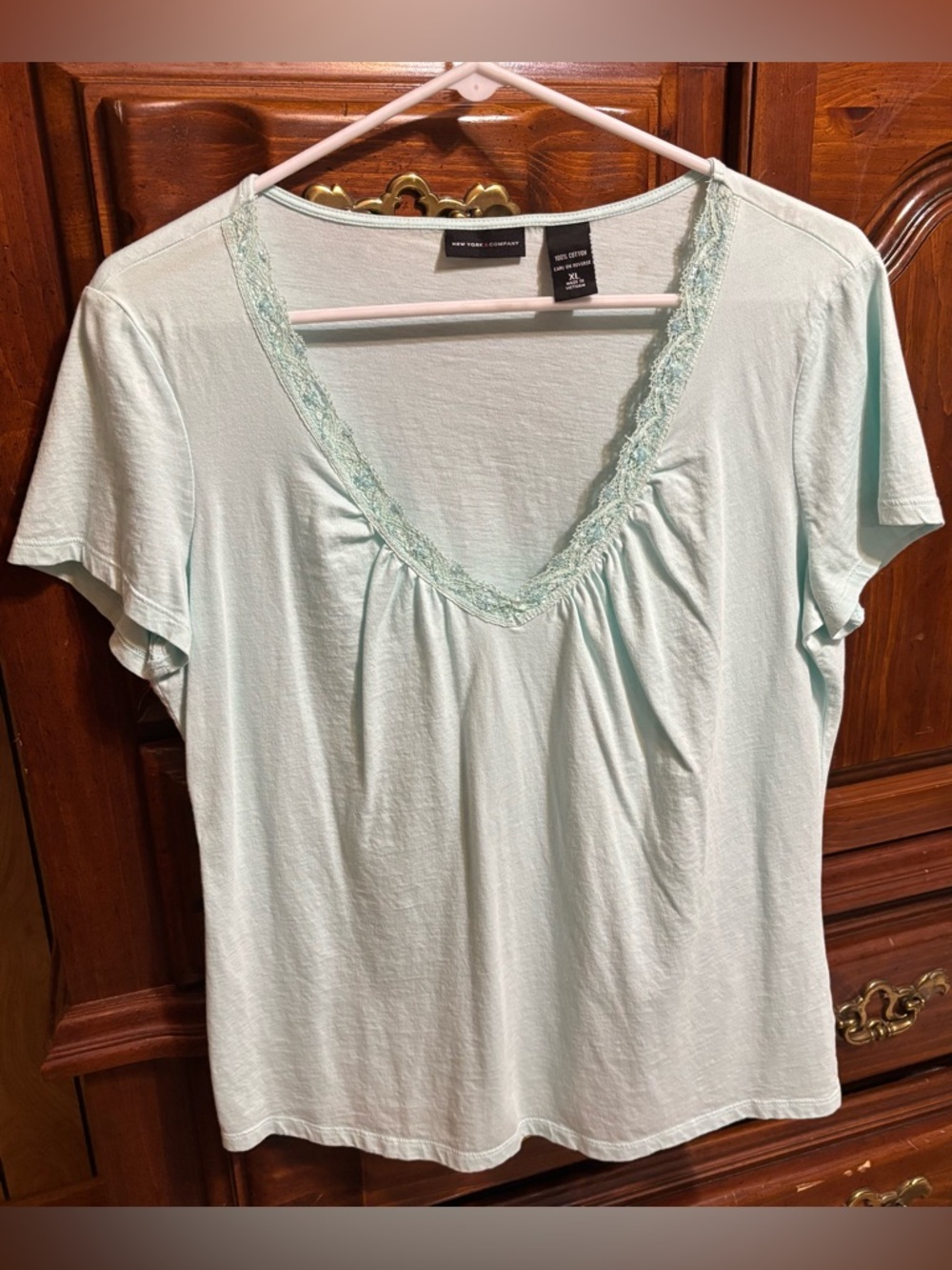 New York & Company Mint Lace-Trim V-Neck Short Sleeve Top